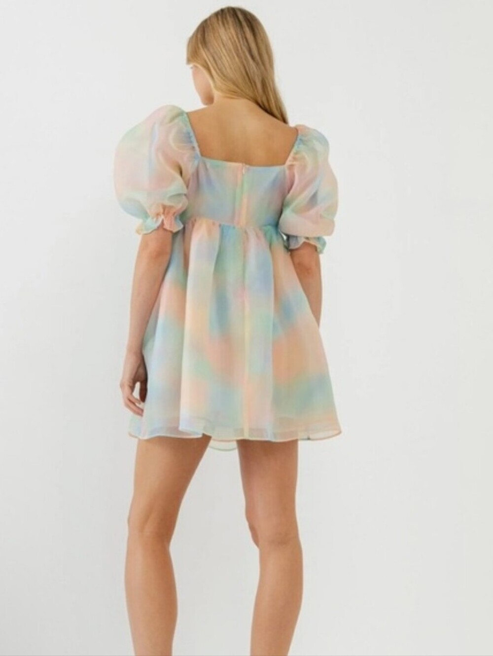 Endless Rose Women's Multi Color Organza Mini Dress Puff Sleeves Sz S Milkmaid - Picture 2 of 13